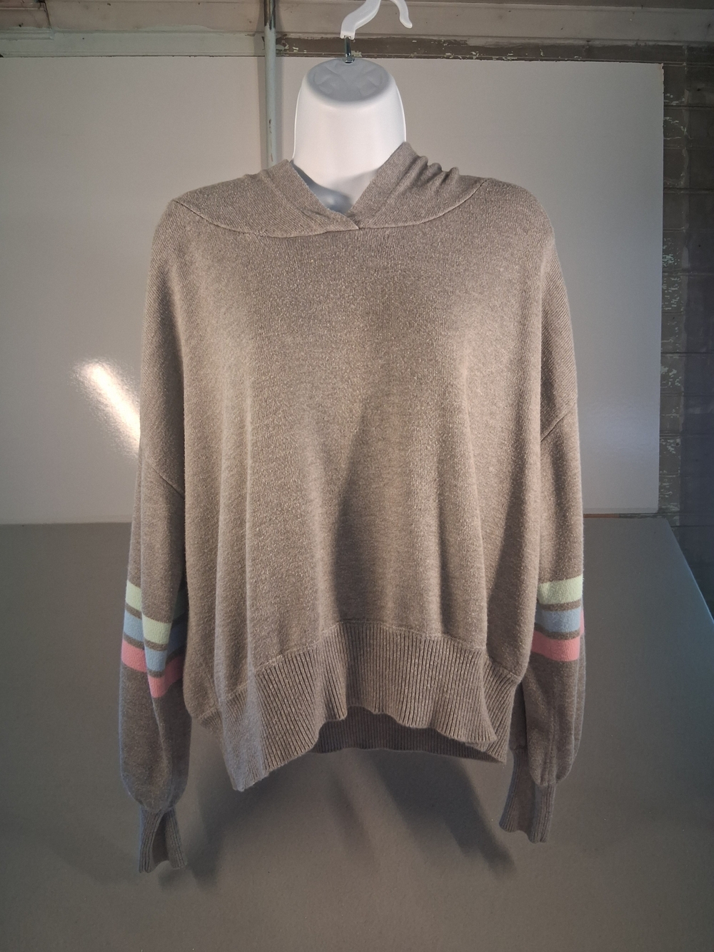 Spiritual Gangsta Taupe Hooded Pullover Sweater with Pastel Sleeve Stripes